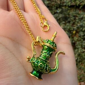 Gold Chain Necklace with Green Enamel Teapot Pendant